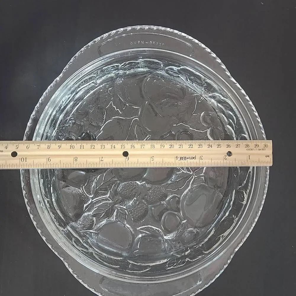 Vintage Glass Oven-Proof Pie Plate Round Serveware Glass Raised Fruit Design